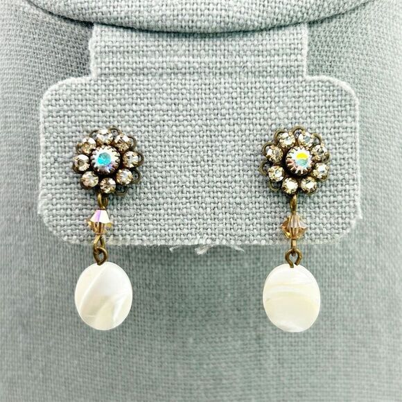 Vintage Floral Aurora Borealis Rhinestones Stud Dangle Pearl Drop Earrings - Picture 1 of 9